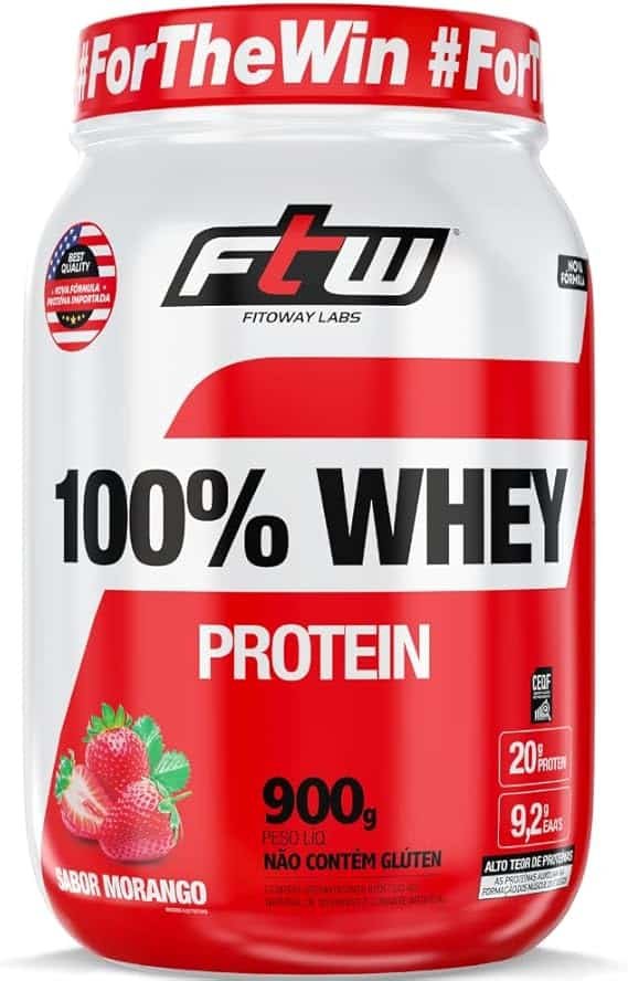 FTW 100% Whey Protein com Proteína Concentrada WPC, Suplemento Alim FTW 100% Whey Protein com Proteína Concentrada WPC, Suplemento Alimentar Pós-Treino em Pó com Fonte de Proteína do Soro do Leite, Alto Valor Biológico, Sem Glúten – Pote 900g (Sabor Morango) - Imagem 1