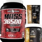 Kit Hipercalorico Mass 36500 Pote 1,5Kg Com Whey Protein Isolado e Concentrado + Creatina Monohidratada Pote 300g Carboidratos + Bcaa Gold Refil 100g Super Pump 10:1:1 (1,5Kg, Mousse de Morango)