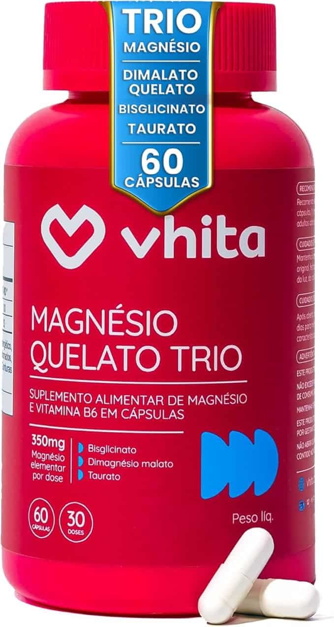 Magnésio Quelato Trio, Dimalato, Bisglicinato e Taurato com Vitamina B6 350mg Vhita 60 Cápsulas Magnésio Quelato Trio, Dimalato, Bisglicinato e Taurato com Vitamina B6 350mg Vhita 60 Cápsulas - Imagem 1
