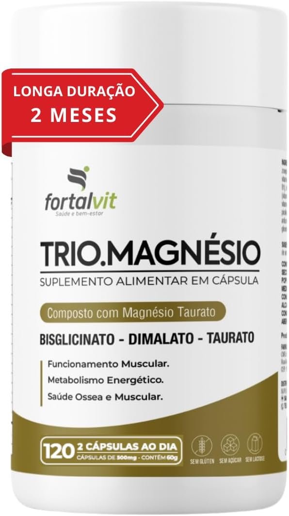 TRIO.MAGNÉSIO Longa Duração 2 Meses de Uso, Bisglicinato Dimalato Taurato, 260mg Alta Concentração,120 Cápsulas, Fortalvit TRIO.MAGNÉSIO - Longa Duração: 2 Meses de Uso, Bisglicinato - Dimalato - Taurato, 260mg Alta Concentração,120 Cápsulas, Fortalvit - Imagem 1