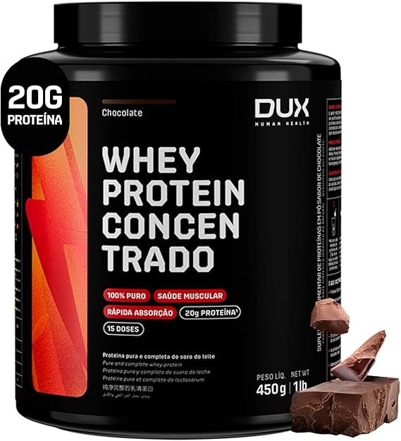 Whey Protein Concentrado Chocolate Pote 450g – Contribui para o Ganho Muscular Hipertrofia – Dux Human Health Whey Protein Concentrado Chocolate Pote 450g – Contribui para o Ganho Muscular Hipertrofia – Dux Human Health - Imagem 1